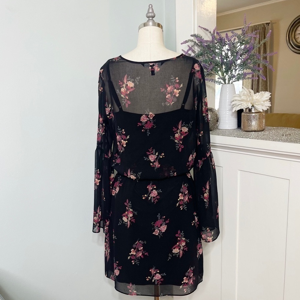 White House Black Market Bell Sleeve Floral Print Dress Black & Pink Small - Picture 5 of 13